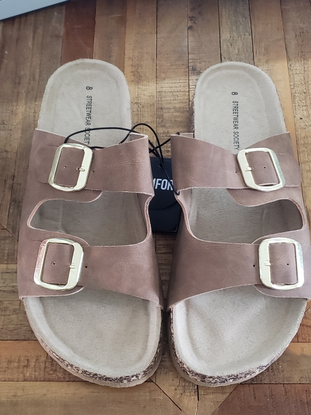 Streetwear Society Double Buckle Slides in Tan with Gold Buckles